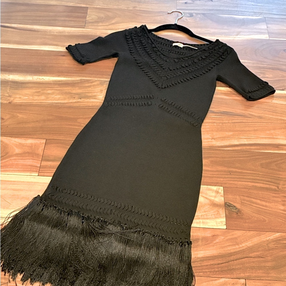 Leon Max Vintage Bodycon Black Fringe Hem Dress
